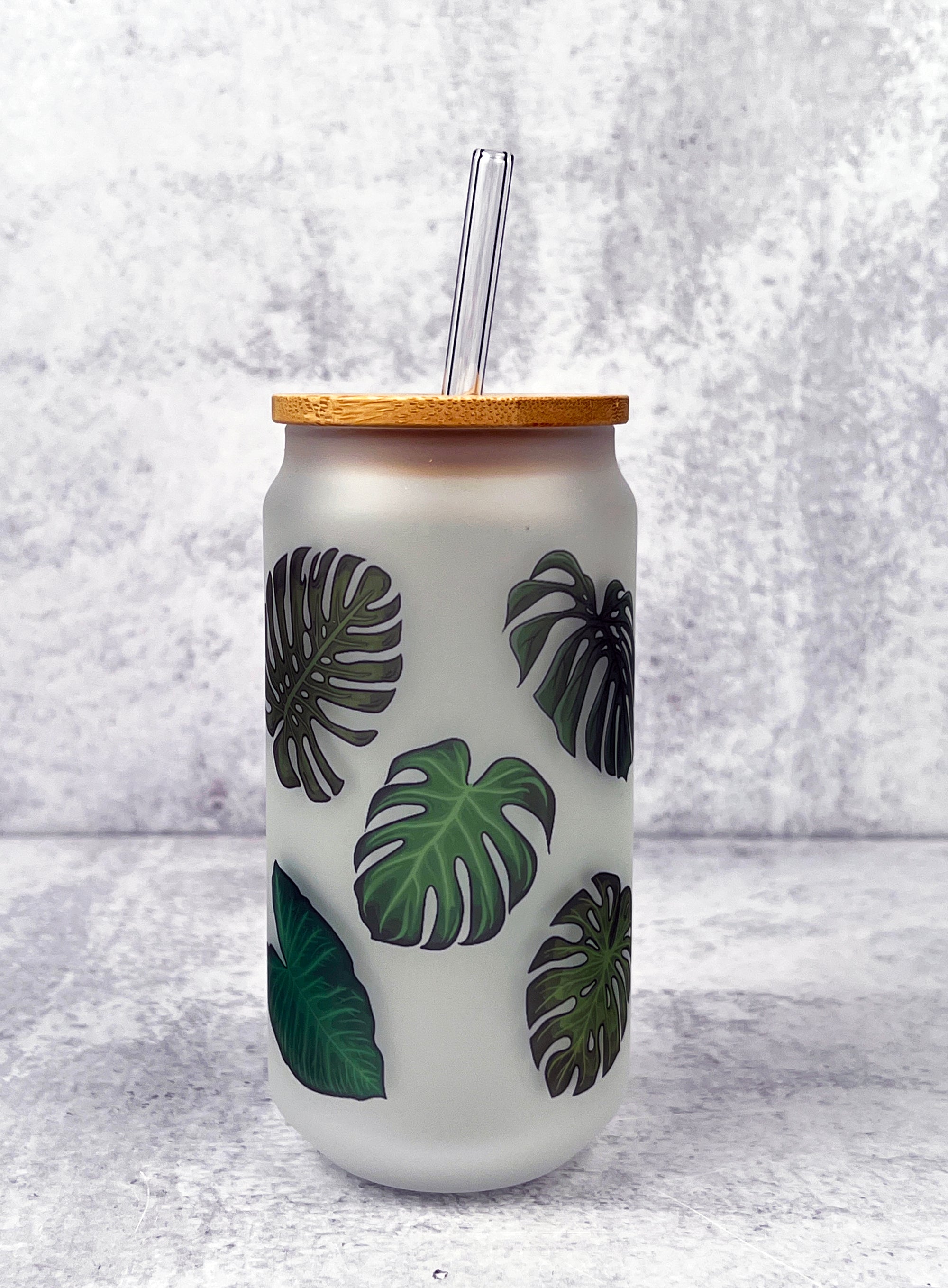 Leaves Frosted Glass with Bamboo Lid and Glass Straw