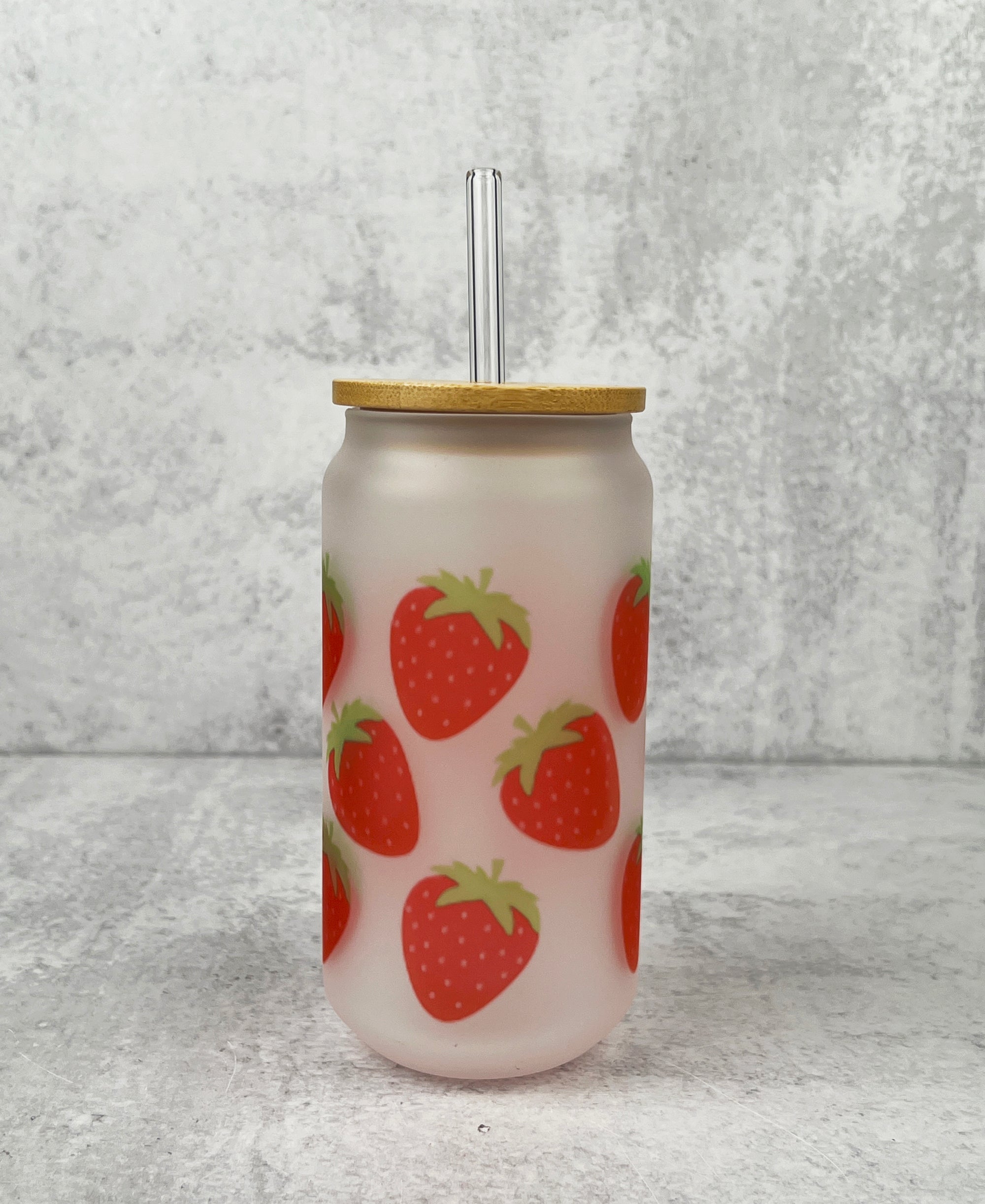 Strawberries Frosted Glass with Lid and Straw