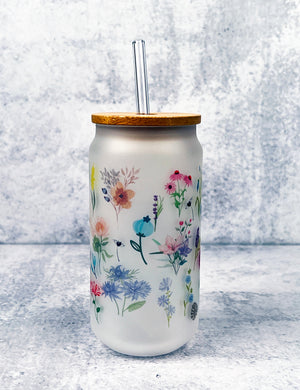 Frosted Glass with Bamboo Lid and Glass Straw