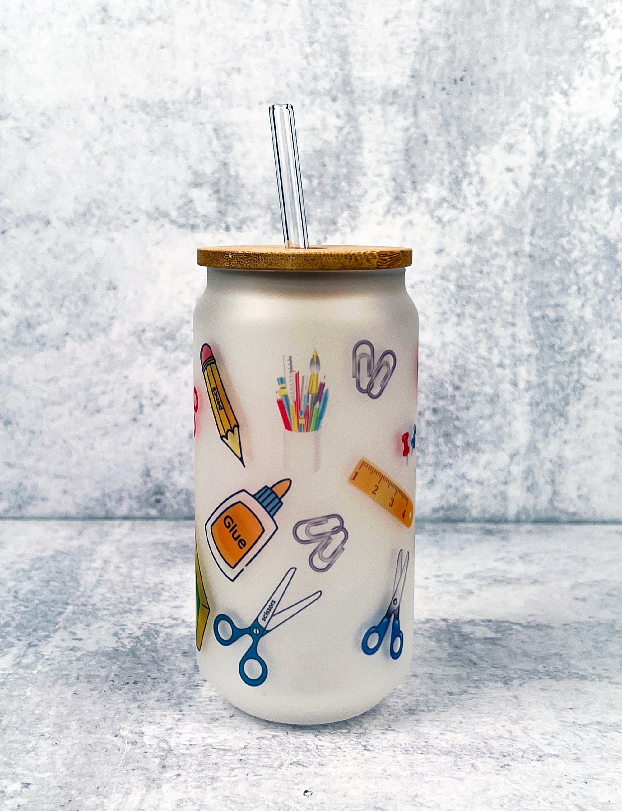 School Supplies Frosted Glass with Bamboo Lid and Glass Straw
