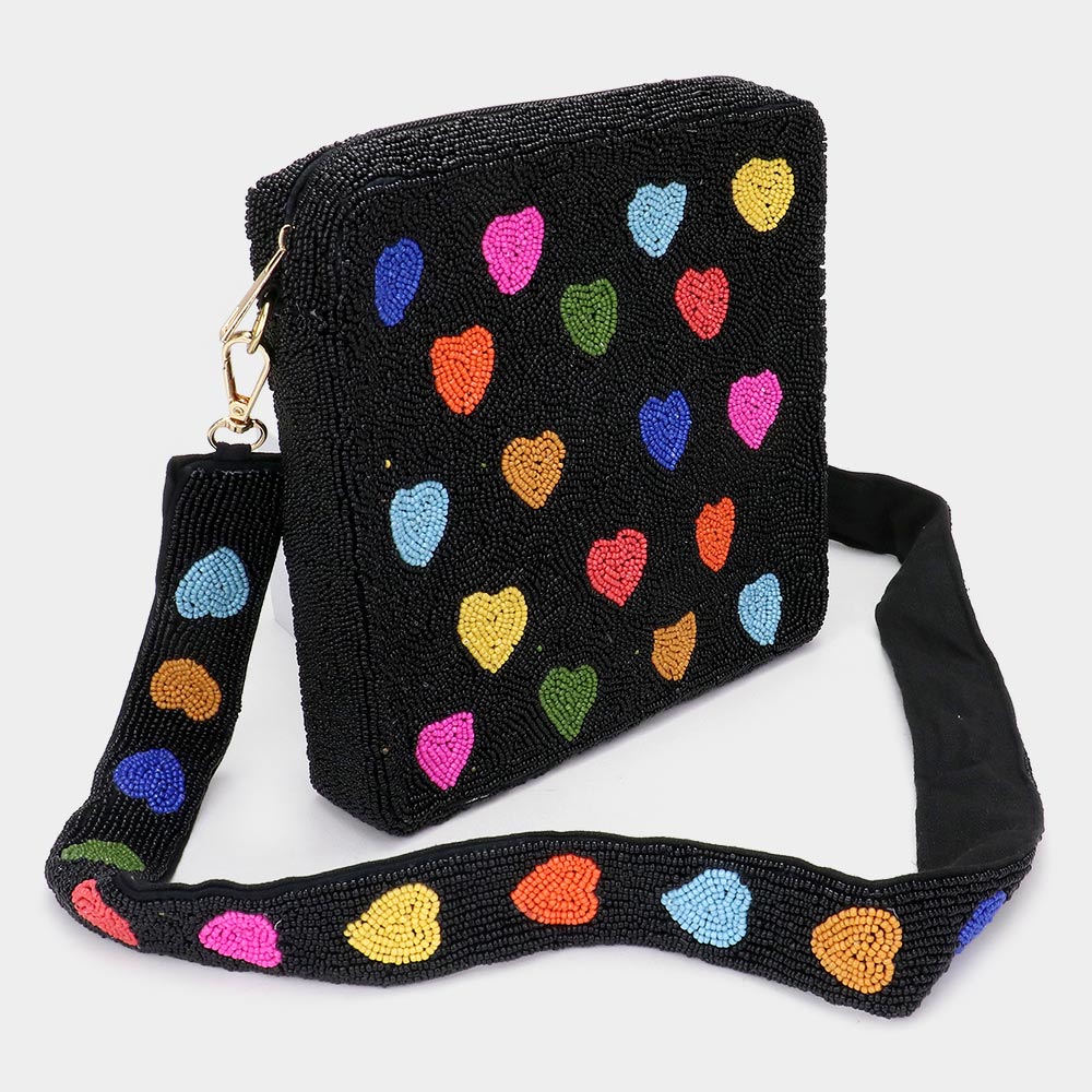 Multicolor Hearts Black Glass Bead Crossbody Bag