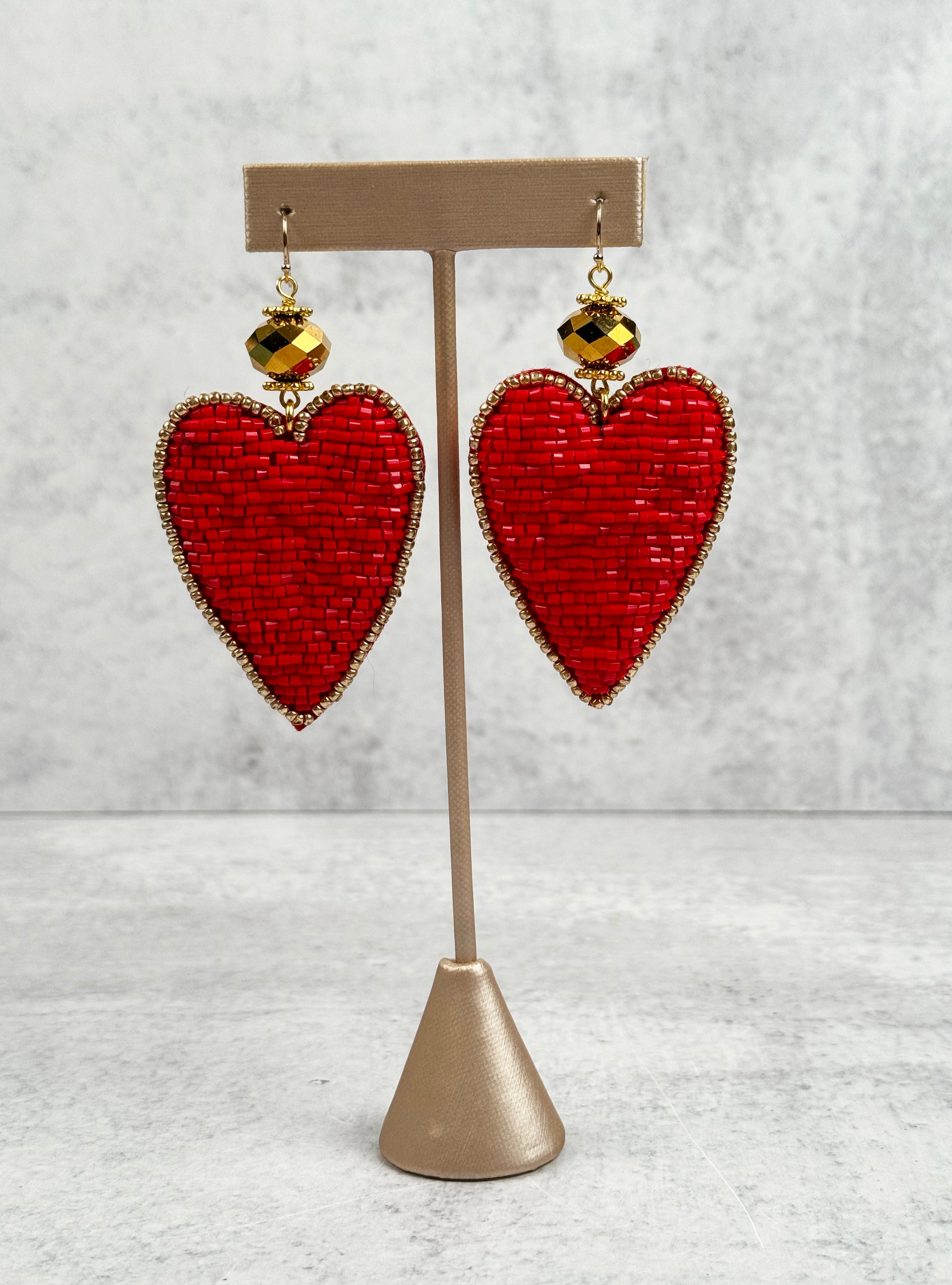 Abstract Red Beaded Heart Earrings