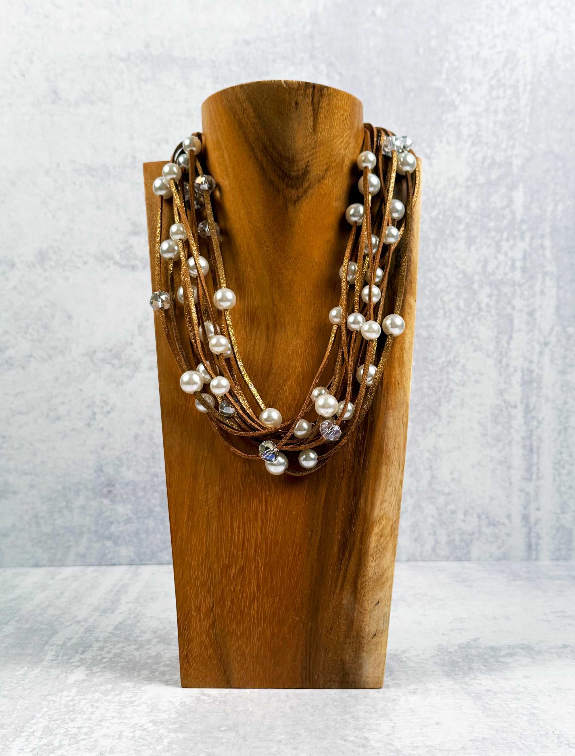 Soft Suede Pearl and Crystal Necklace