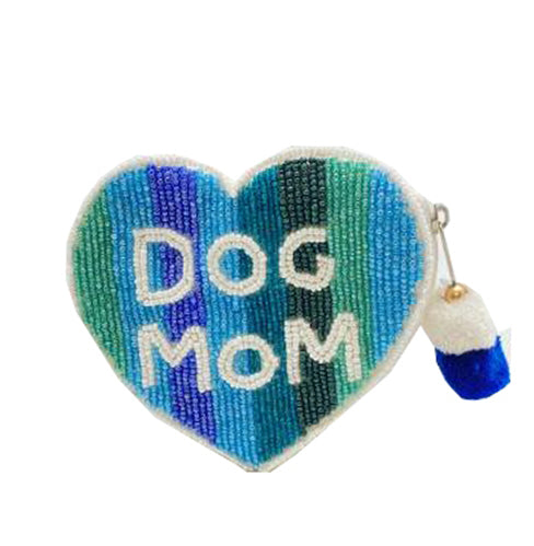 Dog Mom Glass Beaded Heart Zipper Pouch