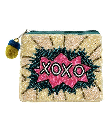 XOXO Green and Pink Glass Beaded Zipper Pouch