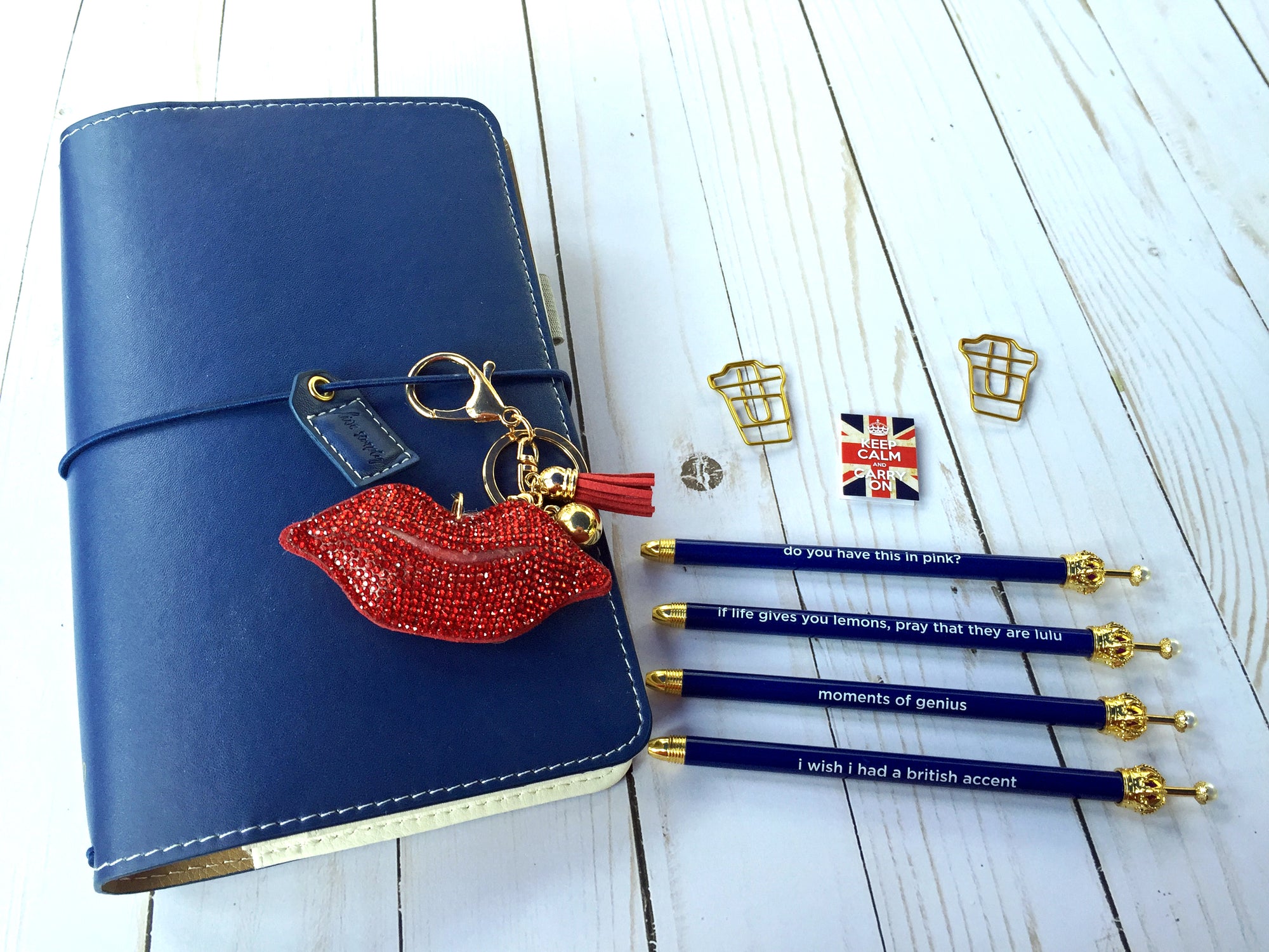 Navy Blue Crown Ballpoint Pen with Cute Mantra
