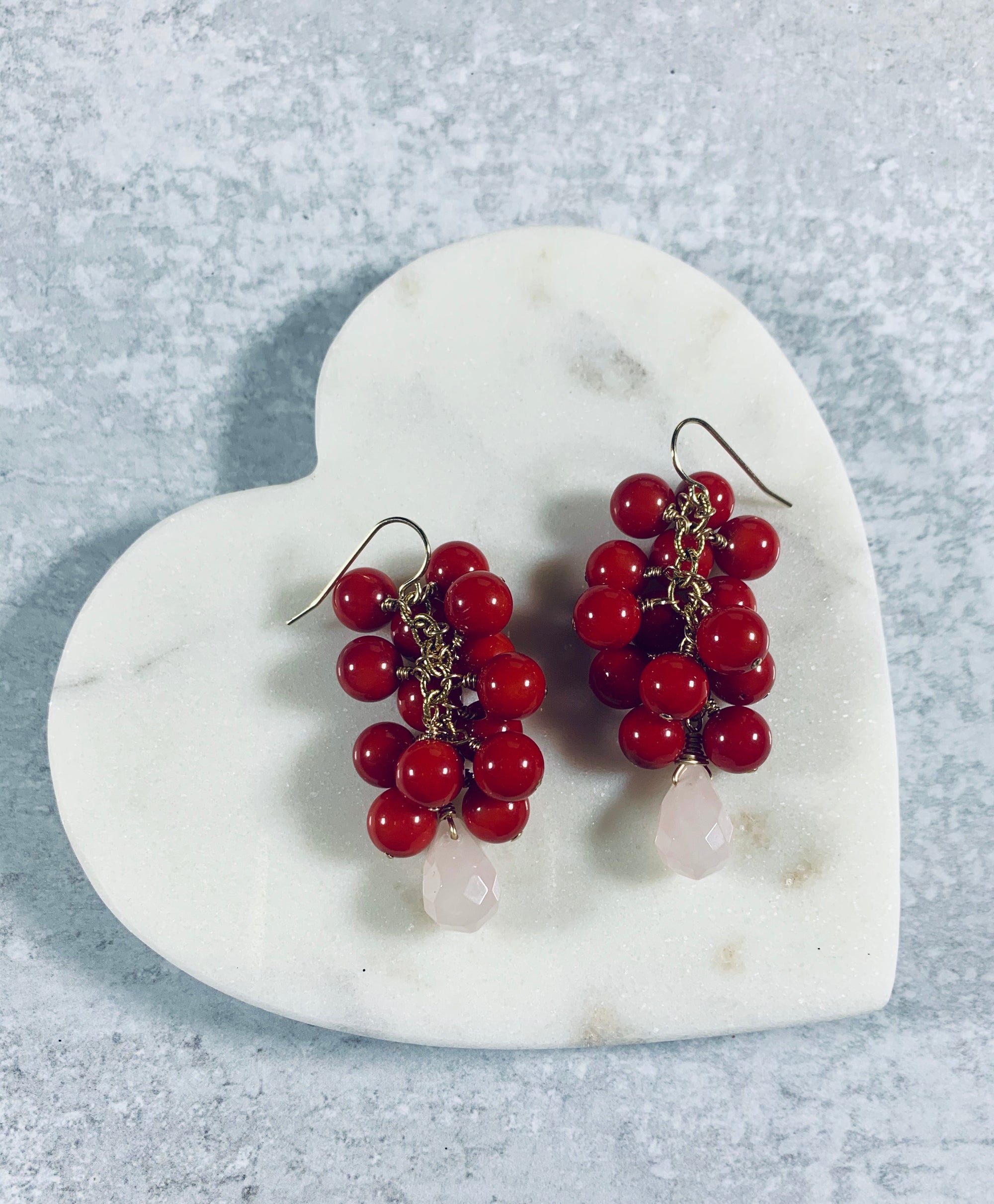 Red Coral and Pink Quartz Earrings