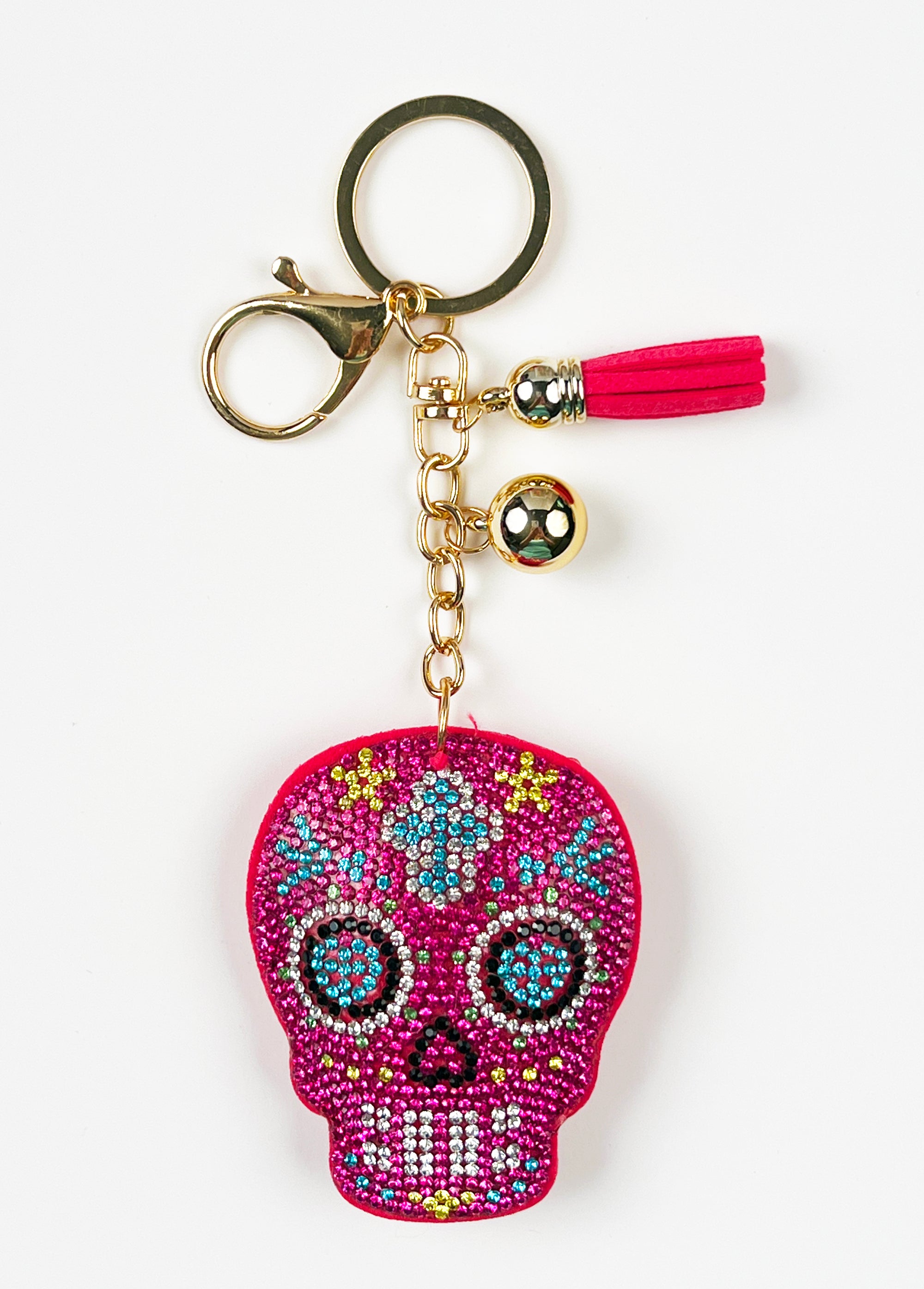 Dia de los Muertos Pink Sugar Skull Bling Keychain