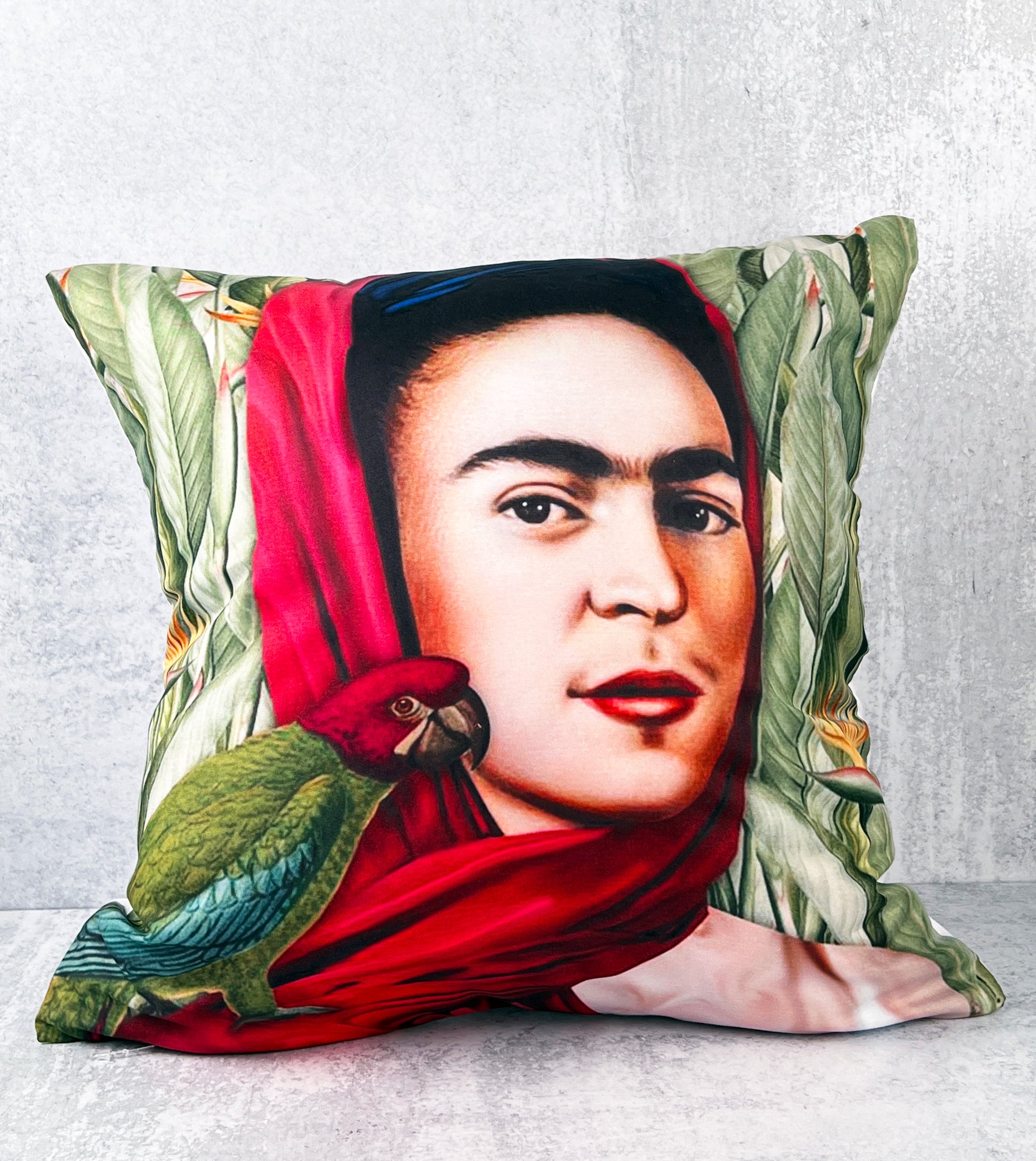 Frida Kahlo with Parrot Pillow