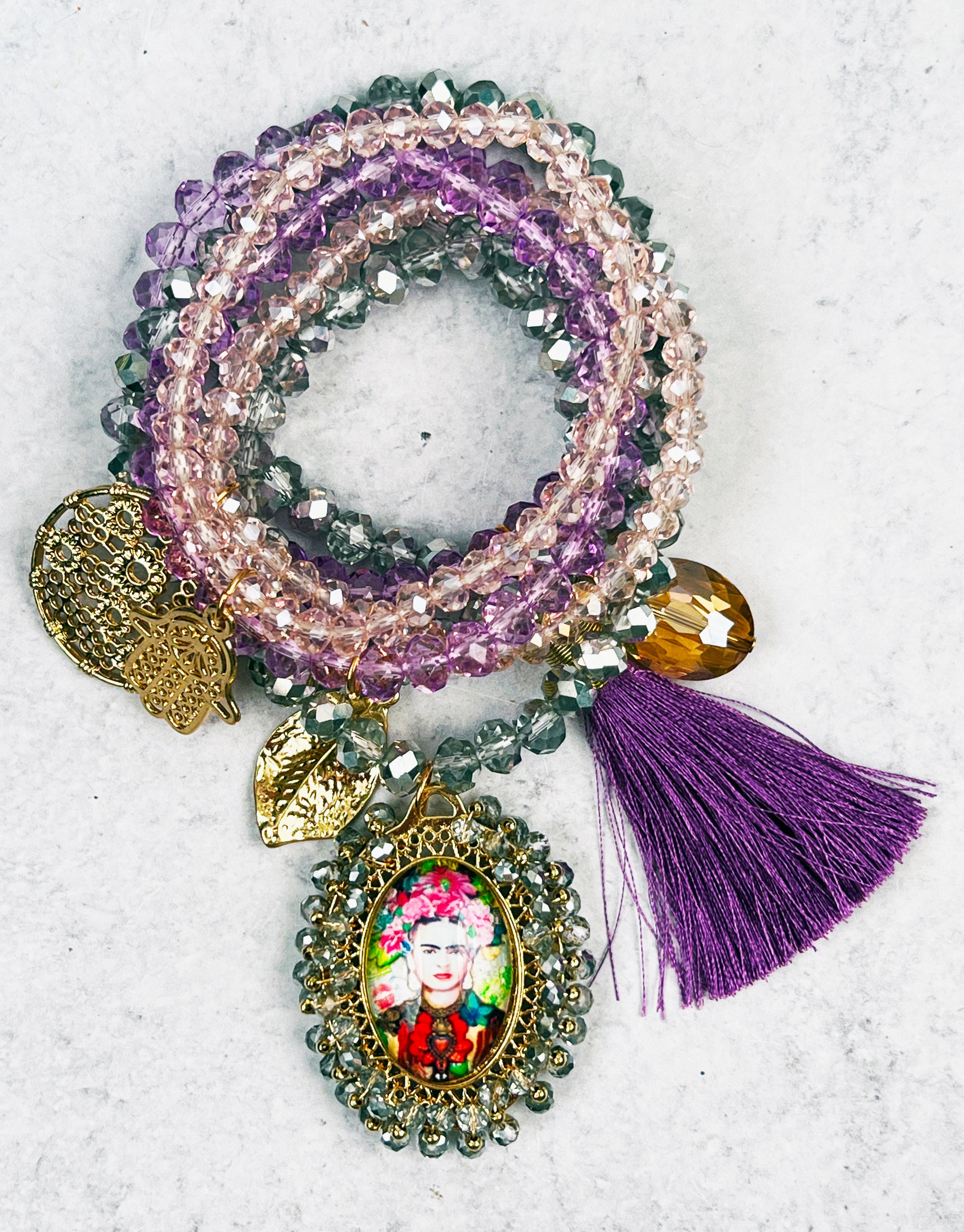 Frida Kahlo Purple Beaded Stretch Bracelet
