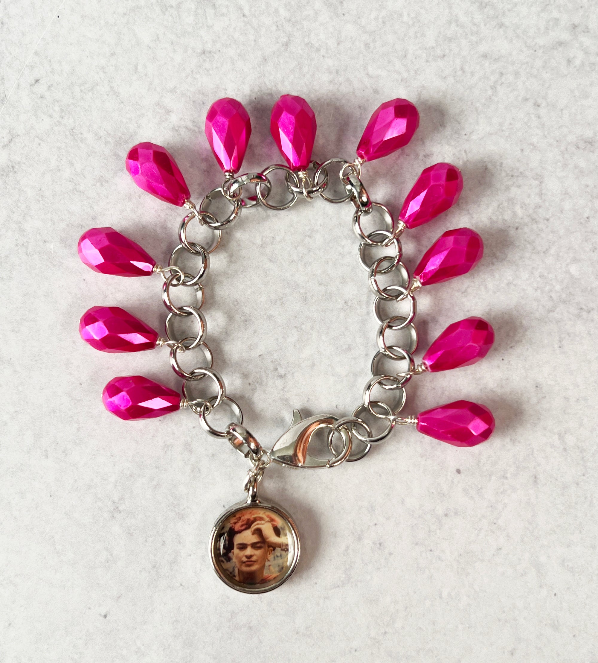 Frida Kahlo Pink Glass Charm Bracelet