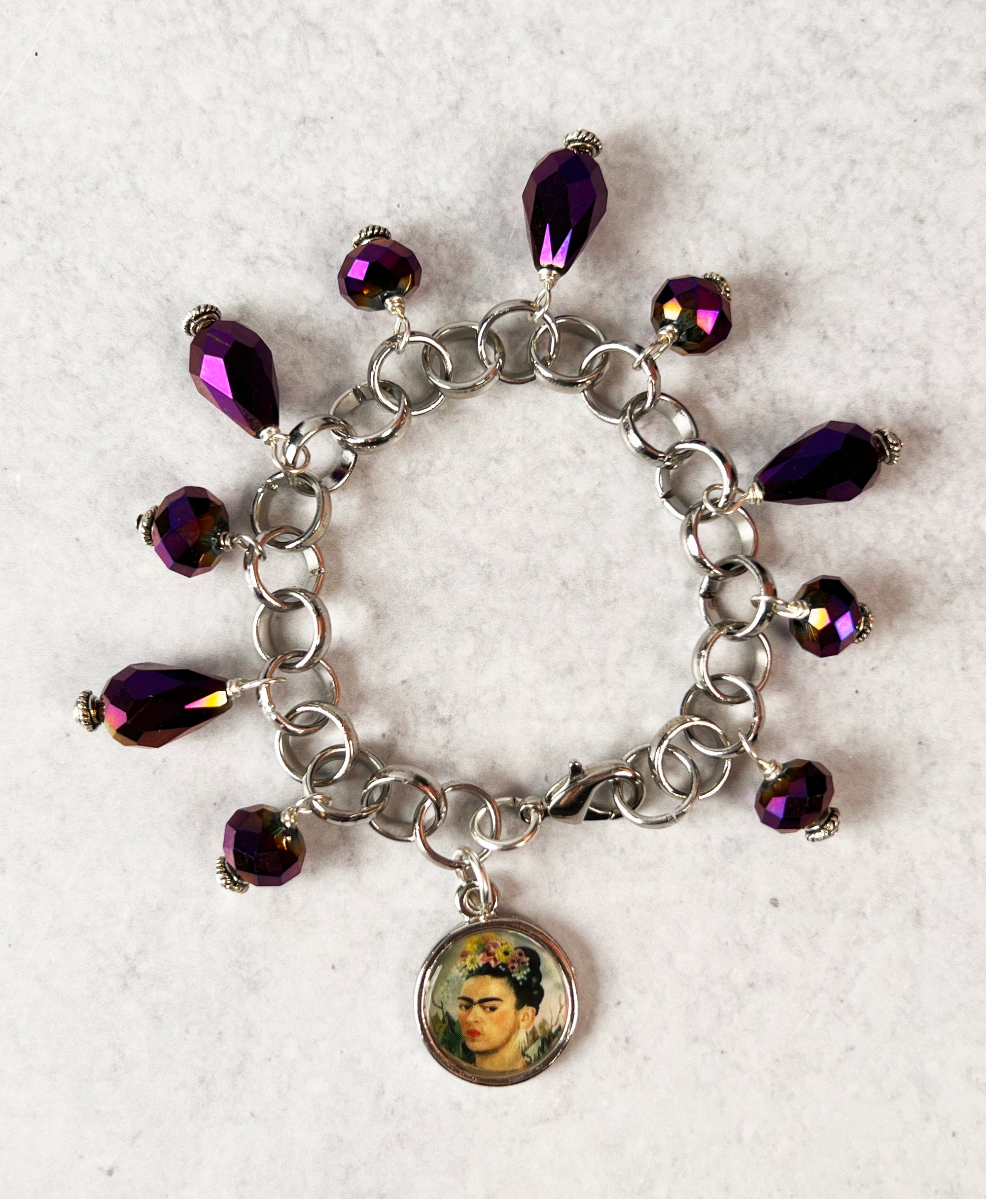 Frida Kahlo Purple Glass Charm Bracelet