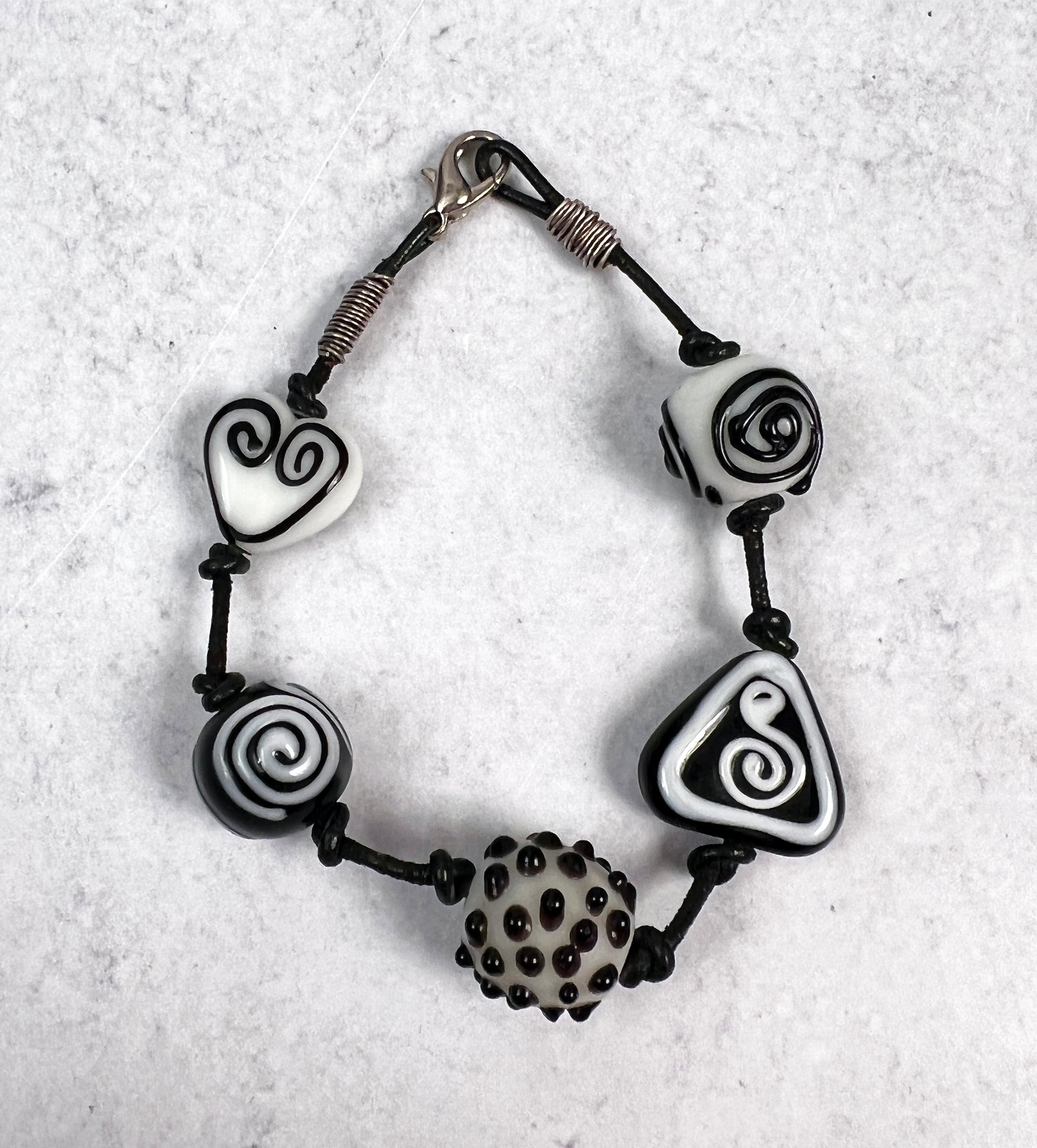 Black and White Lampwork Glass Beaded Leather Bracelet