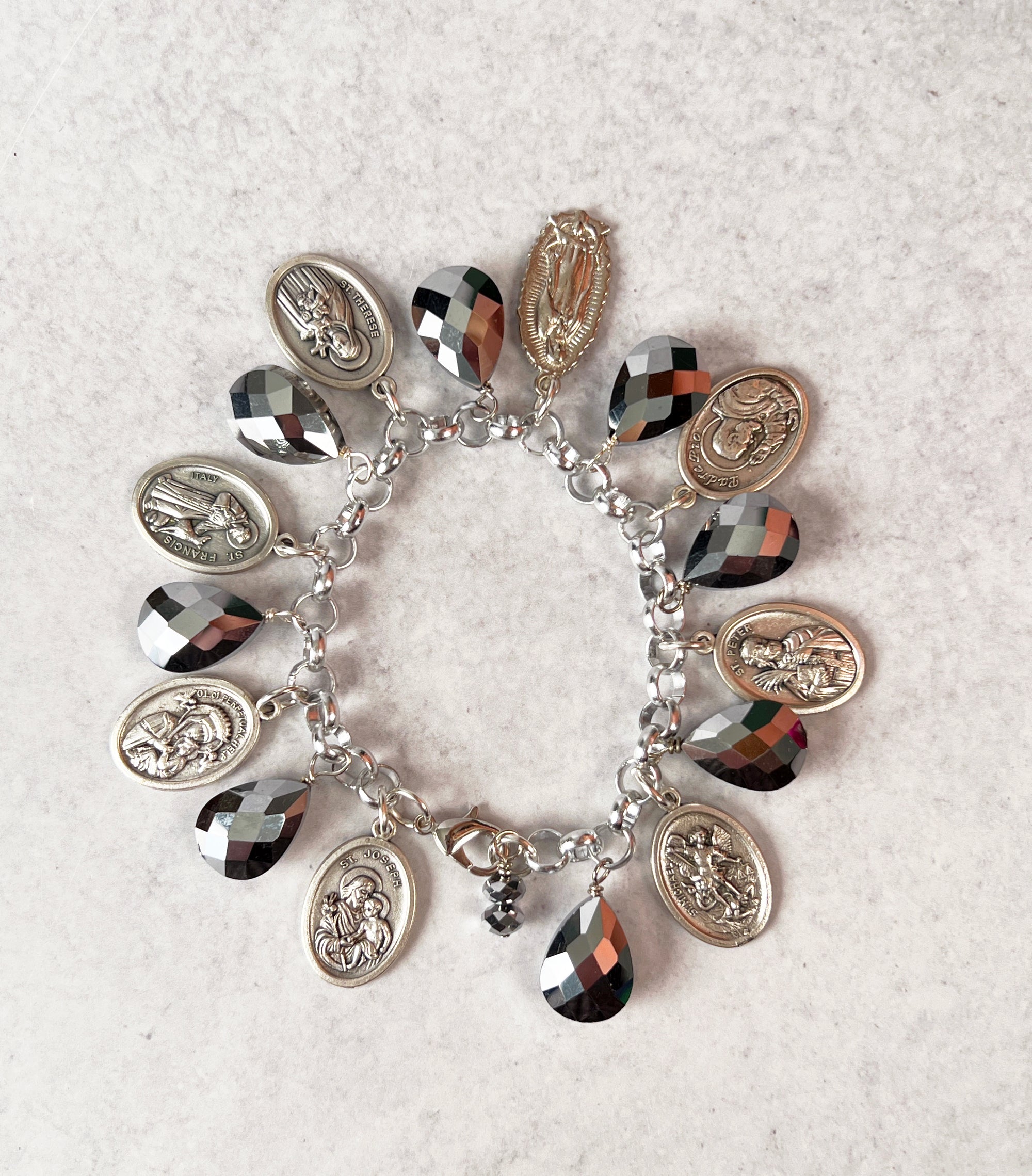 Saint Medals and Silver Glass Bead Charm Bracelet