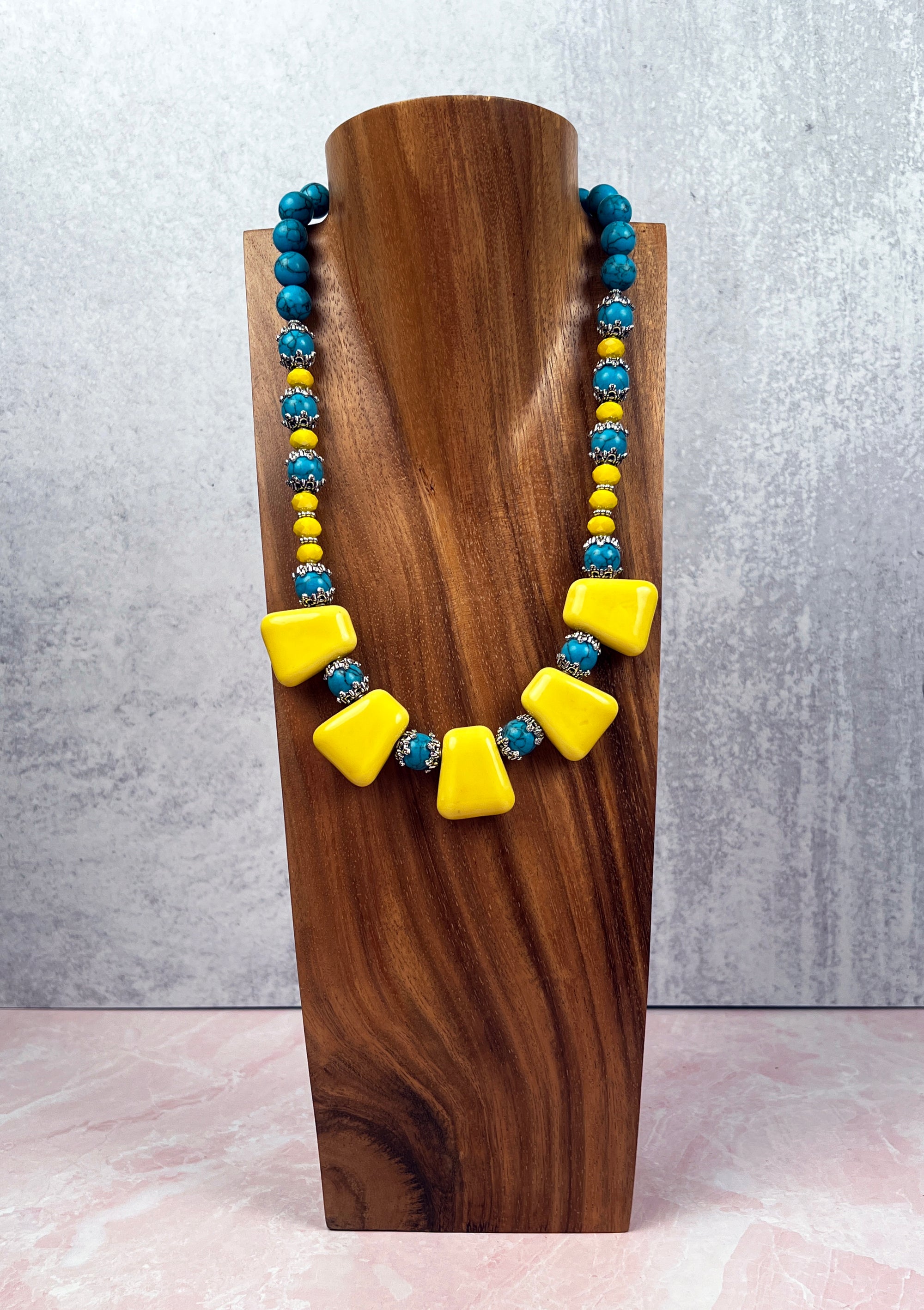 Turquoise and Yellow Porcelain Bead Necklace