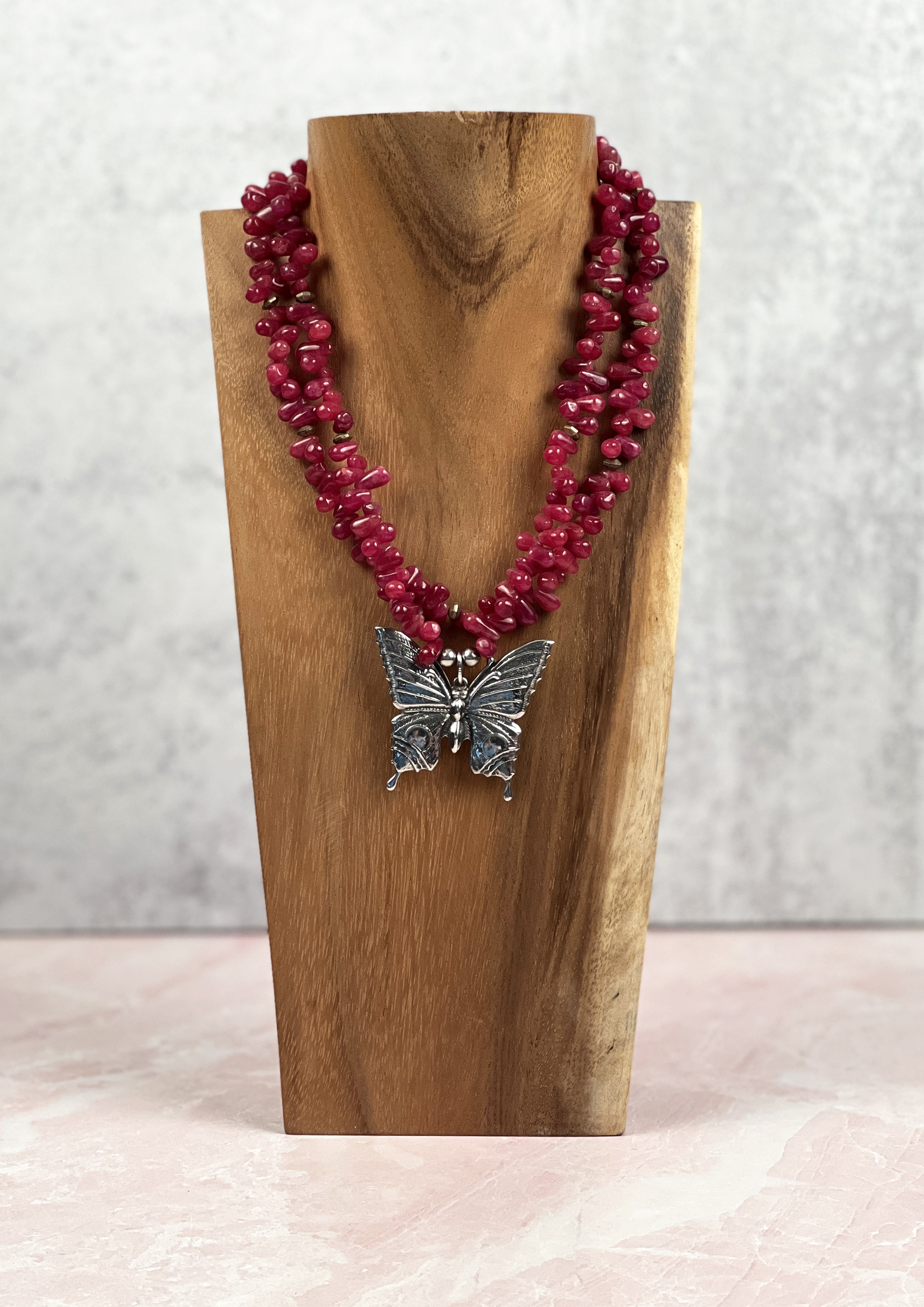 Ruby Red Quartz and Butterfly Necklace