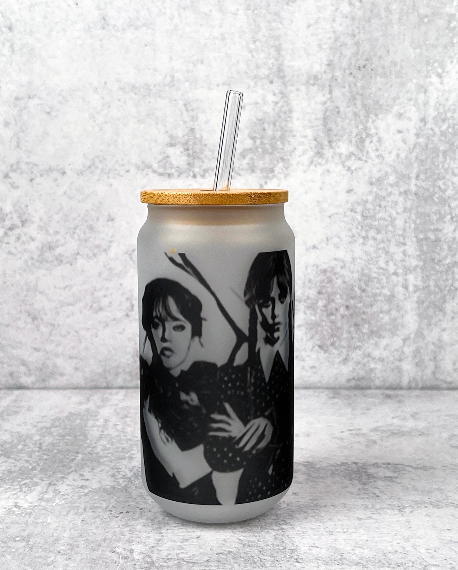 Wednesday Addams Frosted Glass with Bamboo Lid and Glass Straw