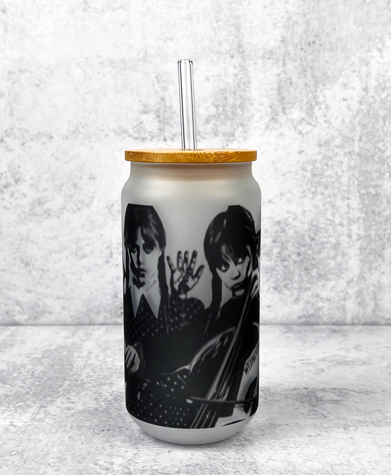 Wednesday Addams Frosted Glass with Bamboo Lid and Glass Straw