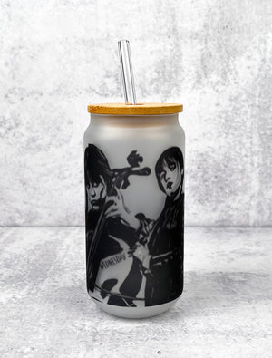 Wednesday Addams Frosted Glass with Bamboo Lid and Glass Straw