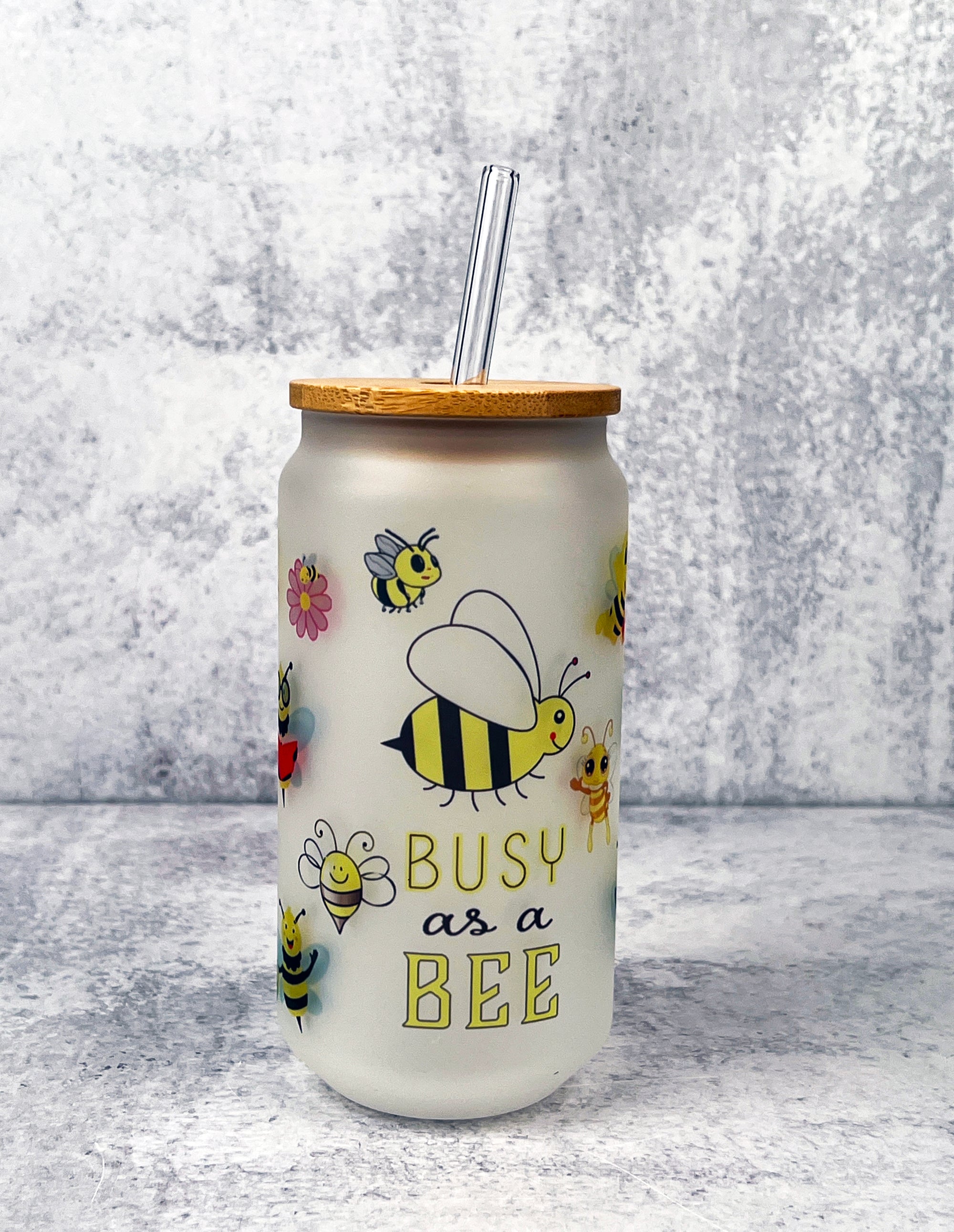 Busy Bee Frosted Glass with Bamboo Lid and Glass Straw