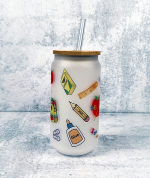 School Supplies Frosted Glass with Bamboo Lid and Glass Straw