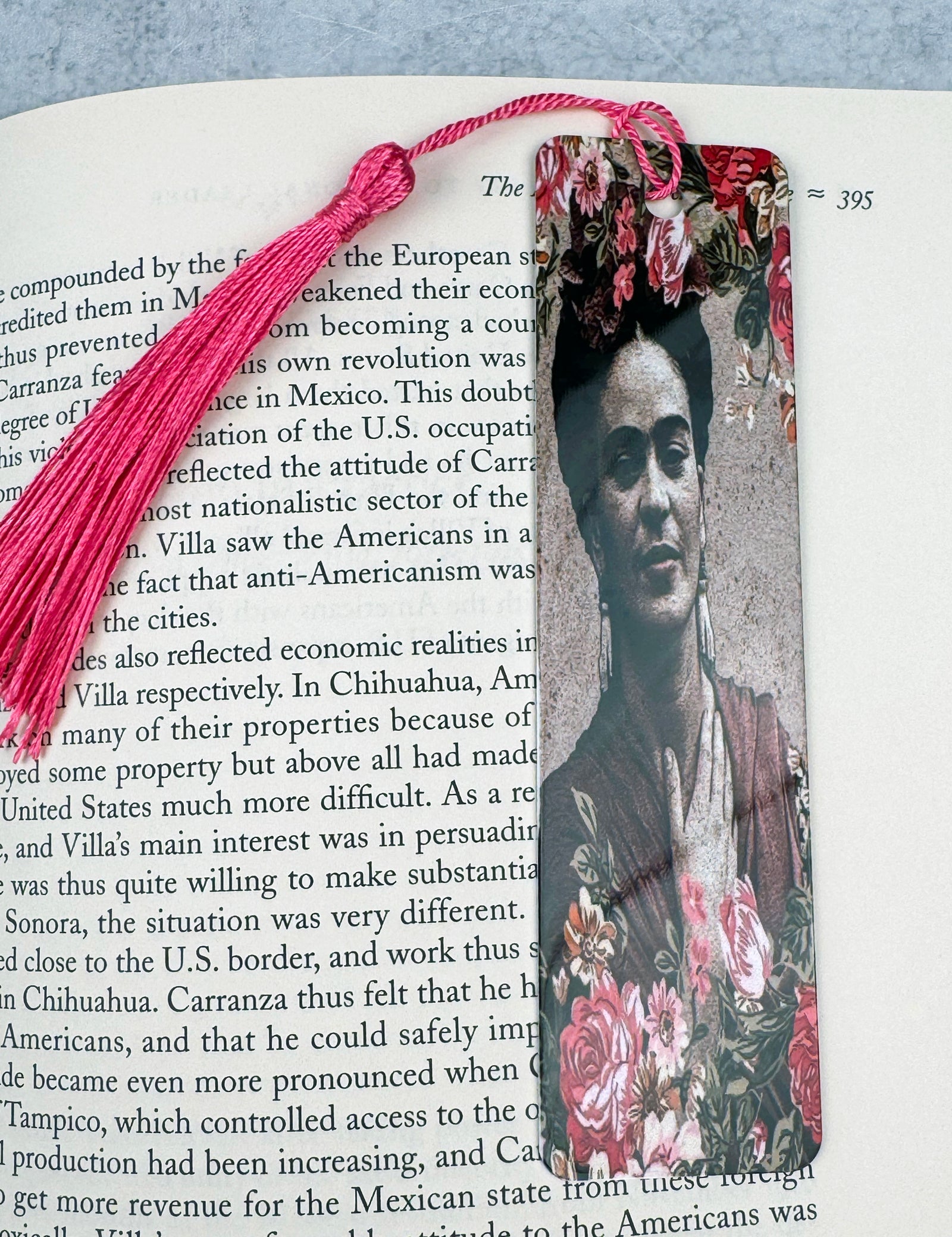 Frida Kahlo Pink Roses with Tassel Metal Bookmark