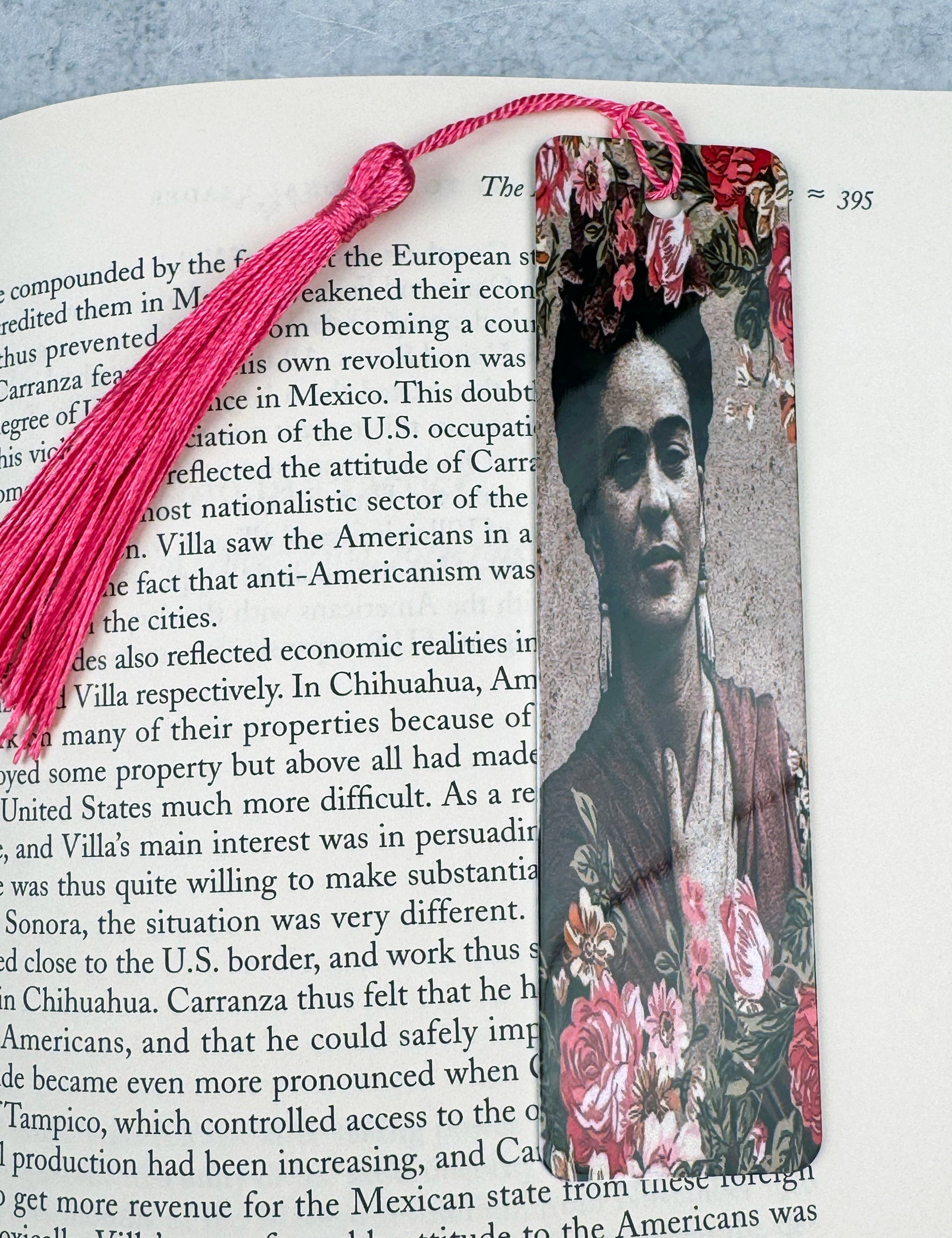 Frida Kahlo Pink Roses with Tassel Metal Bookmark
