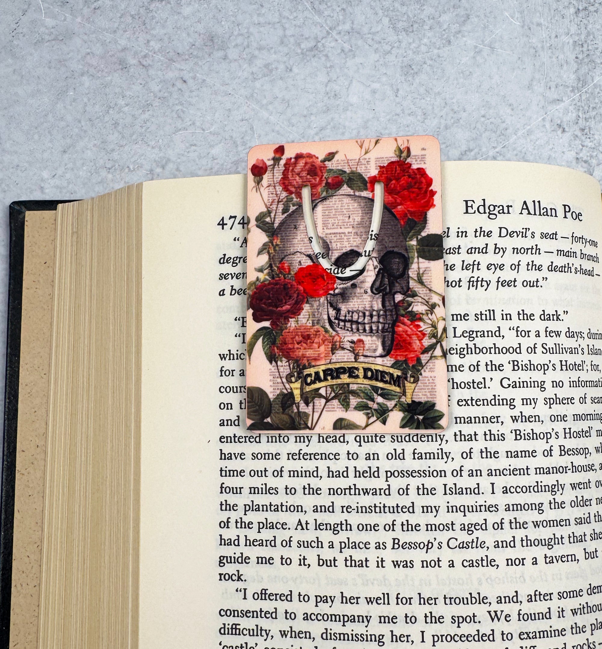 Carpe Diem Skull and Flowers Metal Bookmark