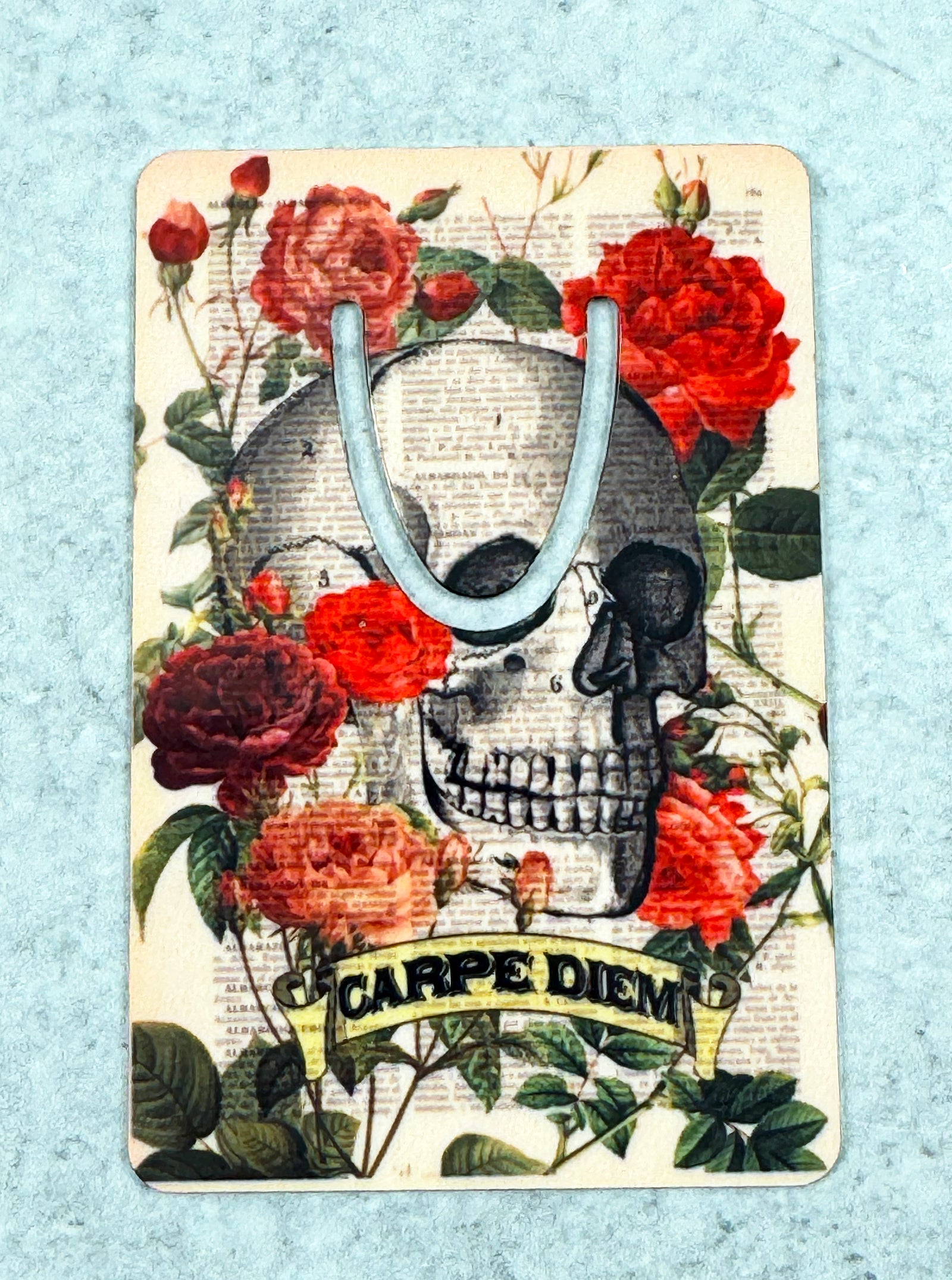 Carpe Diem Skull and Flowers Metal Bookmark