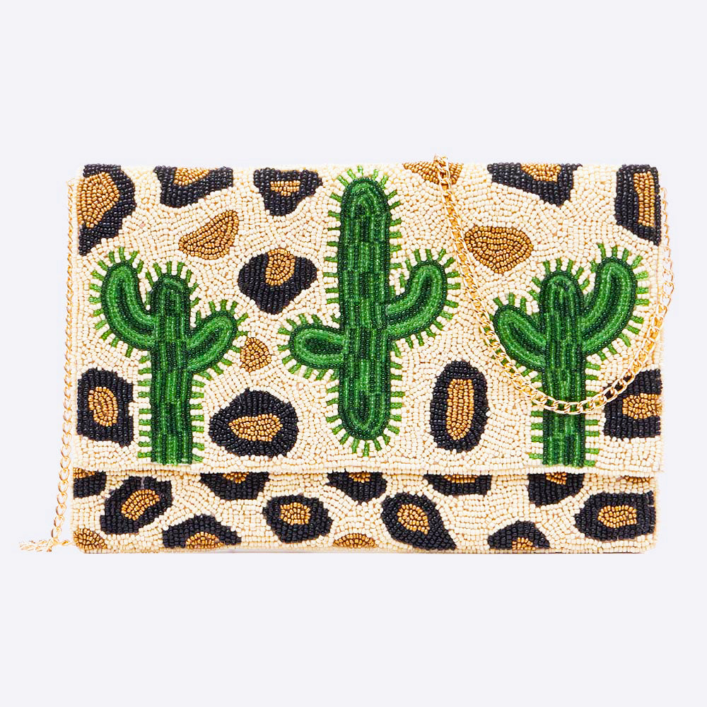 Cheetah Print and Cactus Glass Beaded Clutch