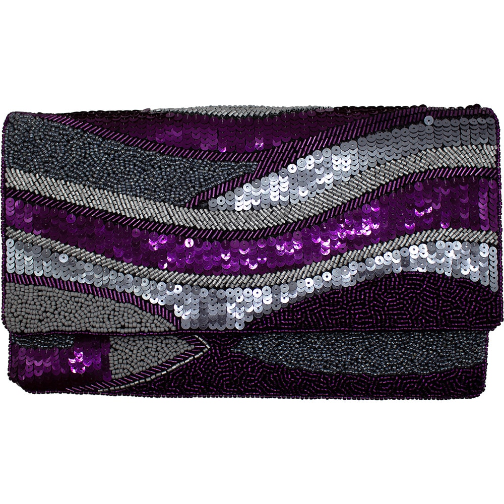 Purple and Silver Sequins Black Glass Beaded Clutch