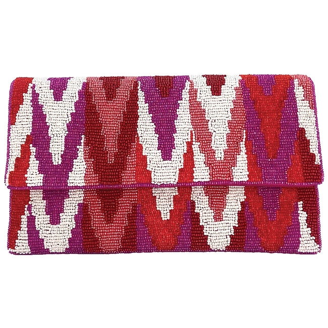 Pink and White Chevron Glass Beaded Clutch