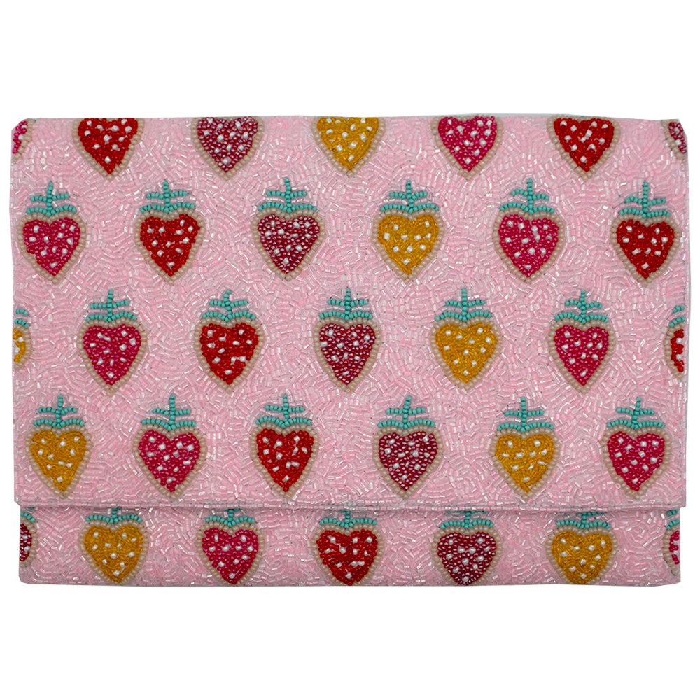 Sweet Strawberries in Pink Glass Beaded Clutch