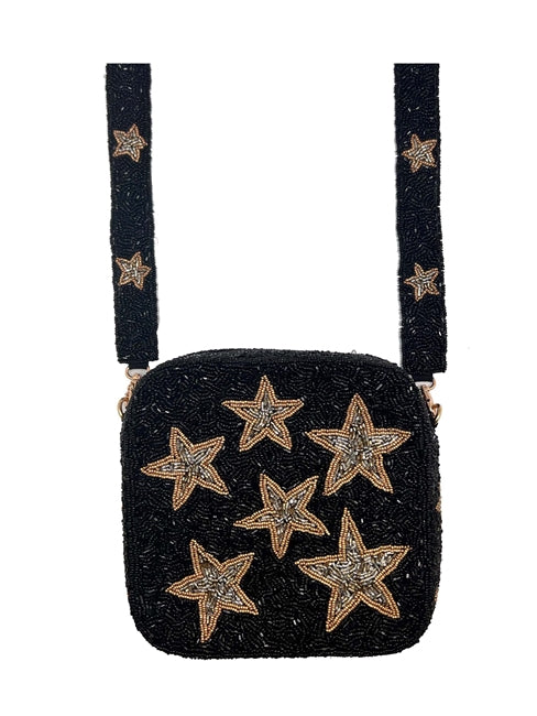 Gold Star Patterned Glass Seed Beaded Crossbody Bag