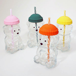 Cute Bear Shaped Glass Drink Cup with Reusable Straw
