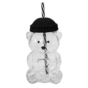 Cute Bear Shaped Glass Drink Cup with Reusable Straw