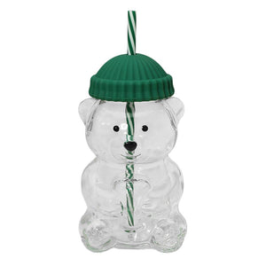 Cute Bear Shaped Glass Drink Cup with Reusable Straw