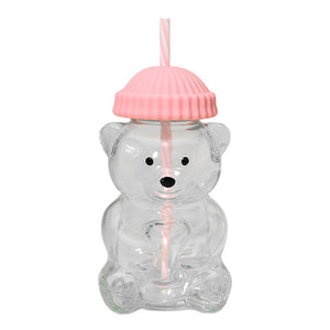 Cute Bear Shaped Glass Drink Cup with Reusable Straw
