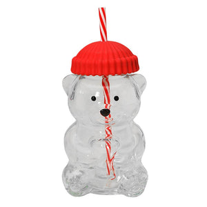 Cute Bear Shaped Glass Drink Cup with Reusable Straw