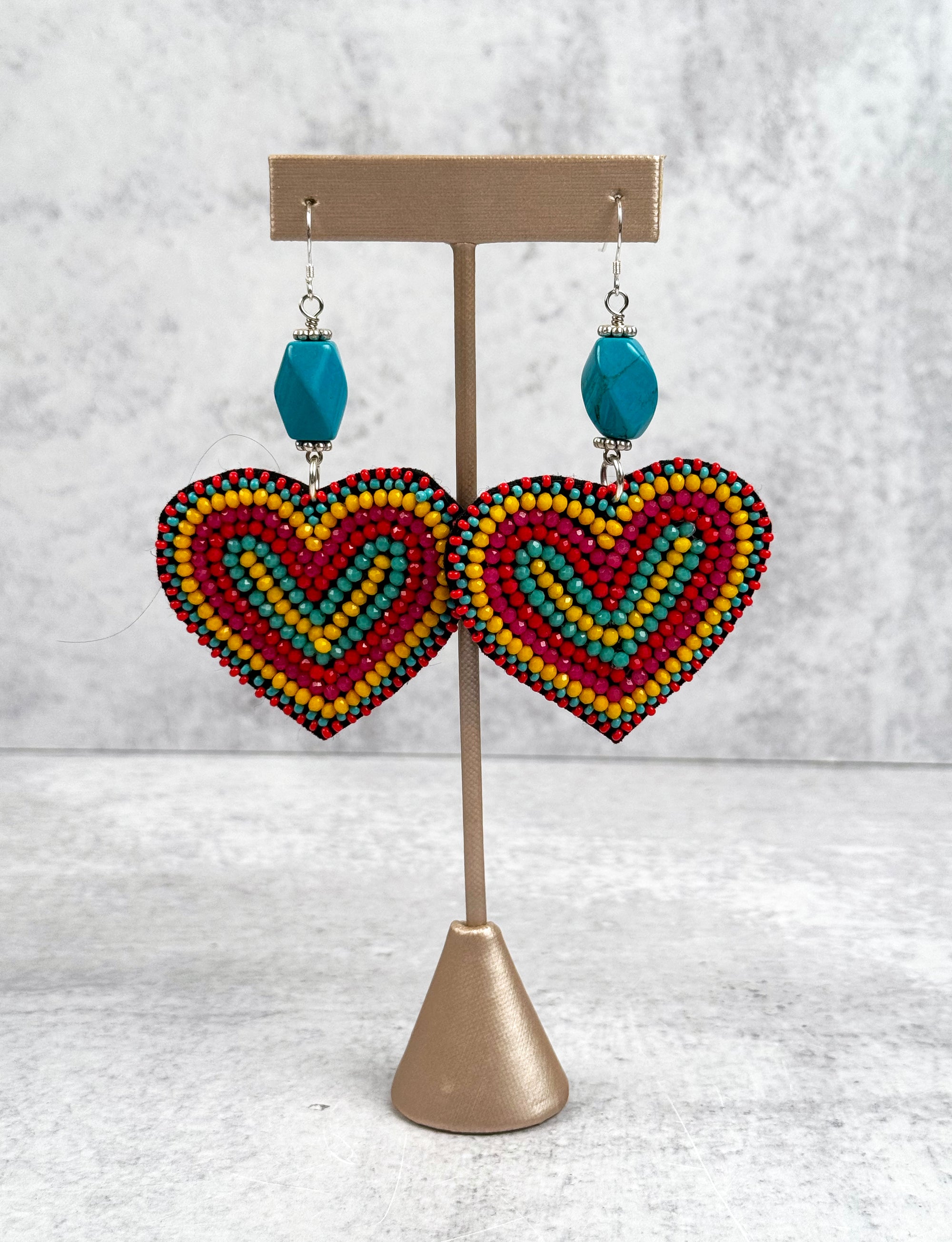 Large Beaded Heart and Turquoise Earrings