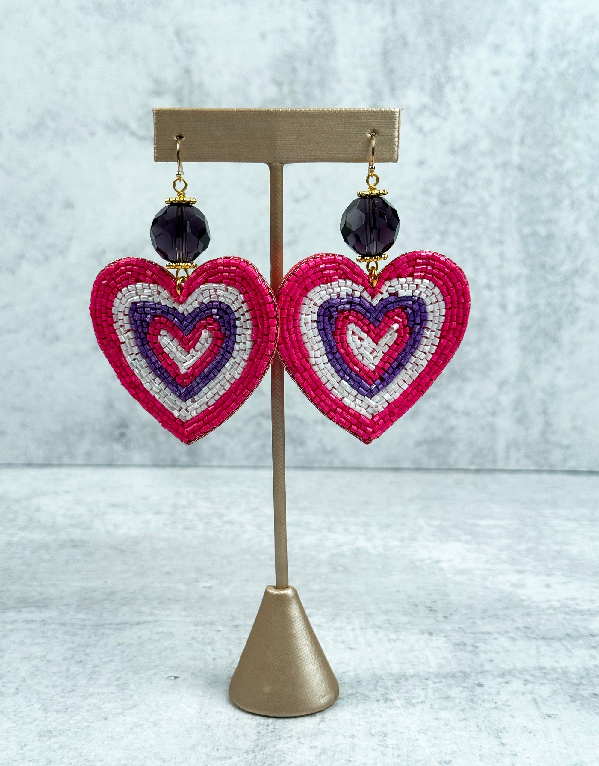 Pink and Purple Beaded Heart Earrings
