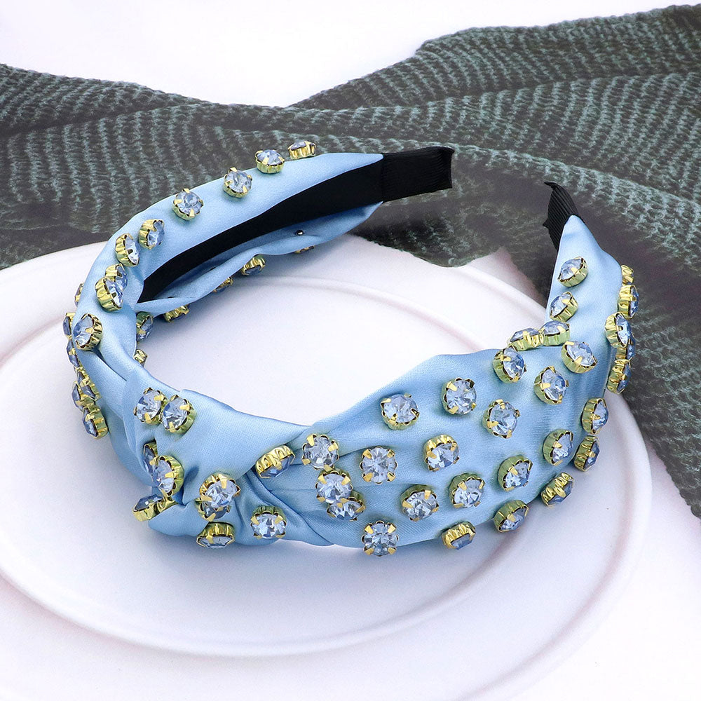 Ice Blue Knotted Satin and Rhinestone Headband