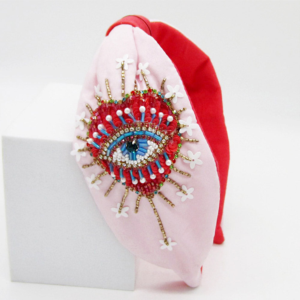 Evil Eye and Heart Embroidered Beaded Headband