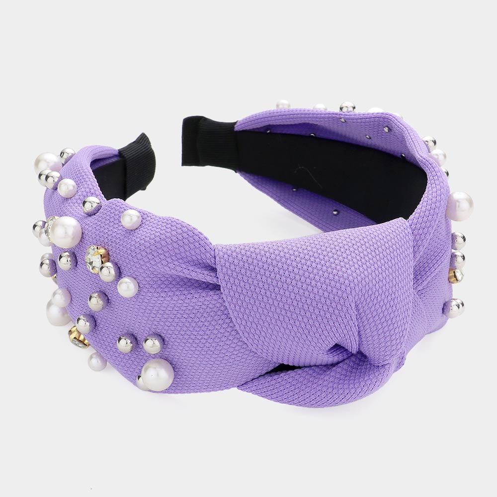 Lavender Faux Pearl and Rhinestone Thick Headband