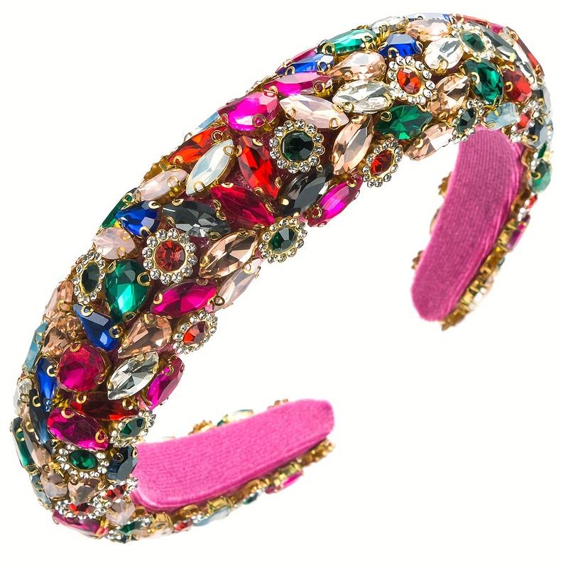 Pink Velour Multicolor Rhinestone Headband