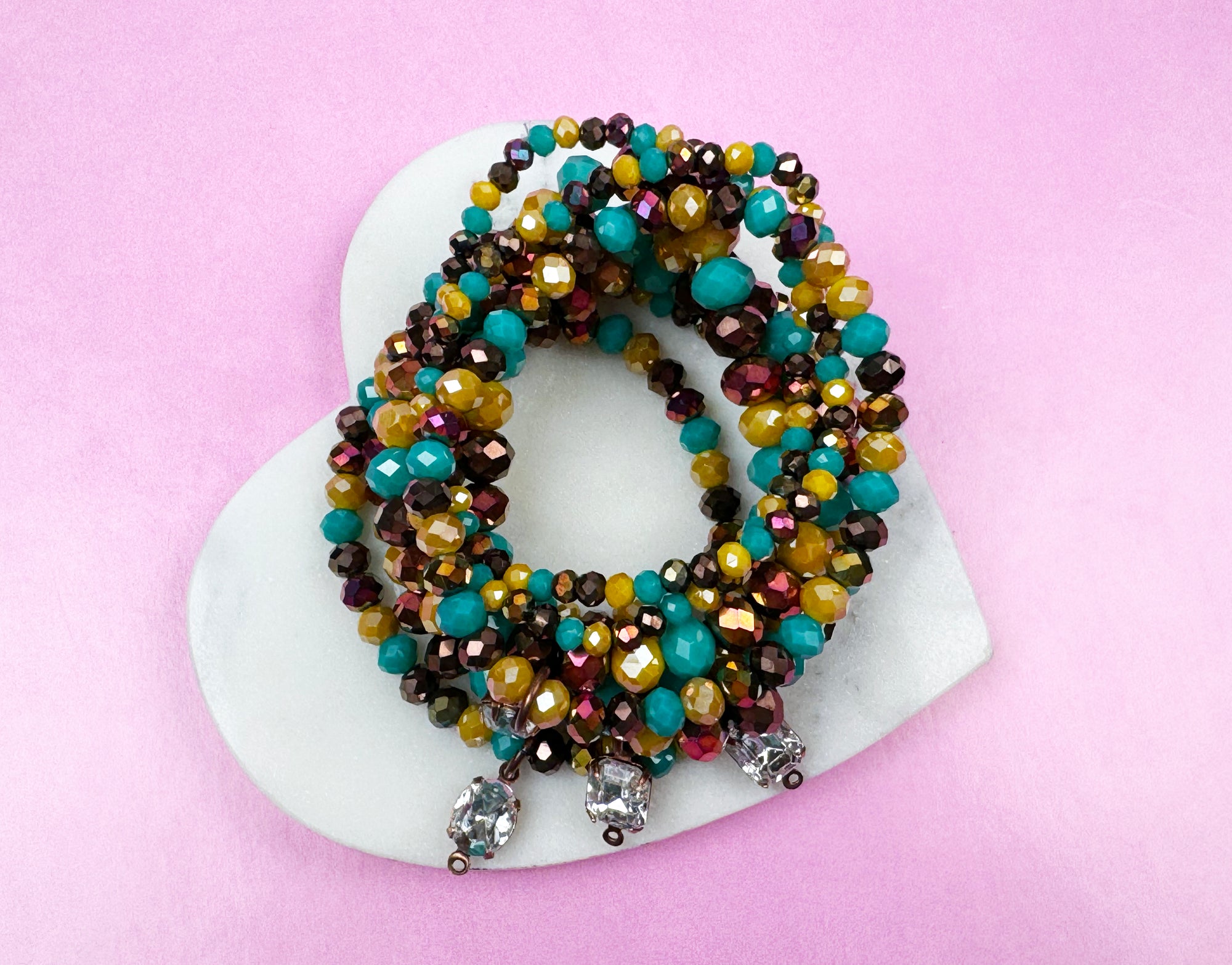 Turquoise and Copper Glass Beads with Rhinestones Stretch Bracelet
