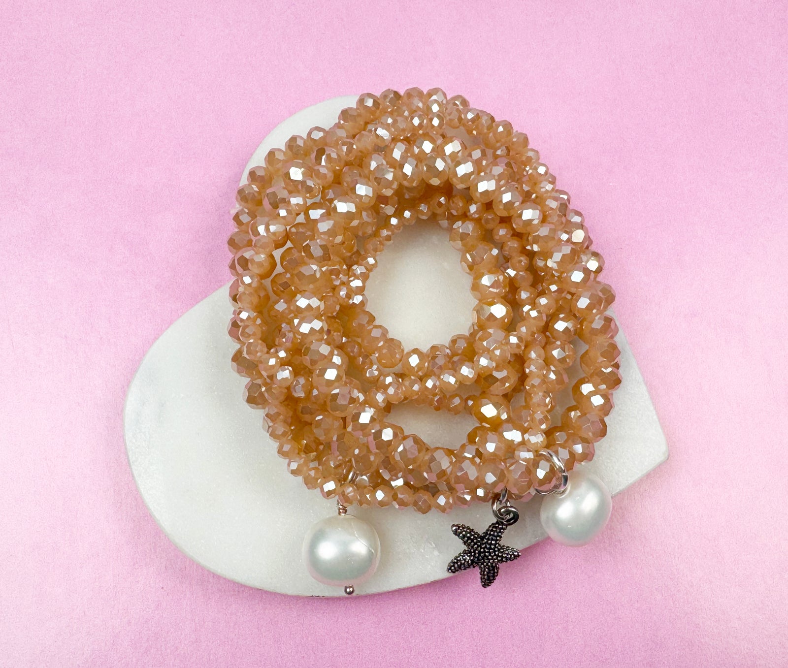 Champagne Glass Beads and Starfish with Shell Pearl Stretch Bracelet
