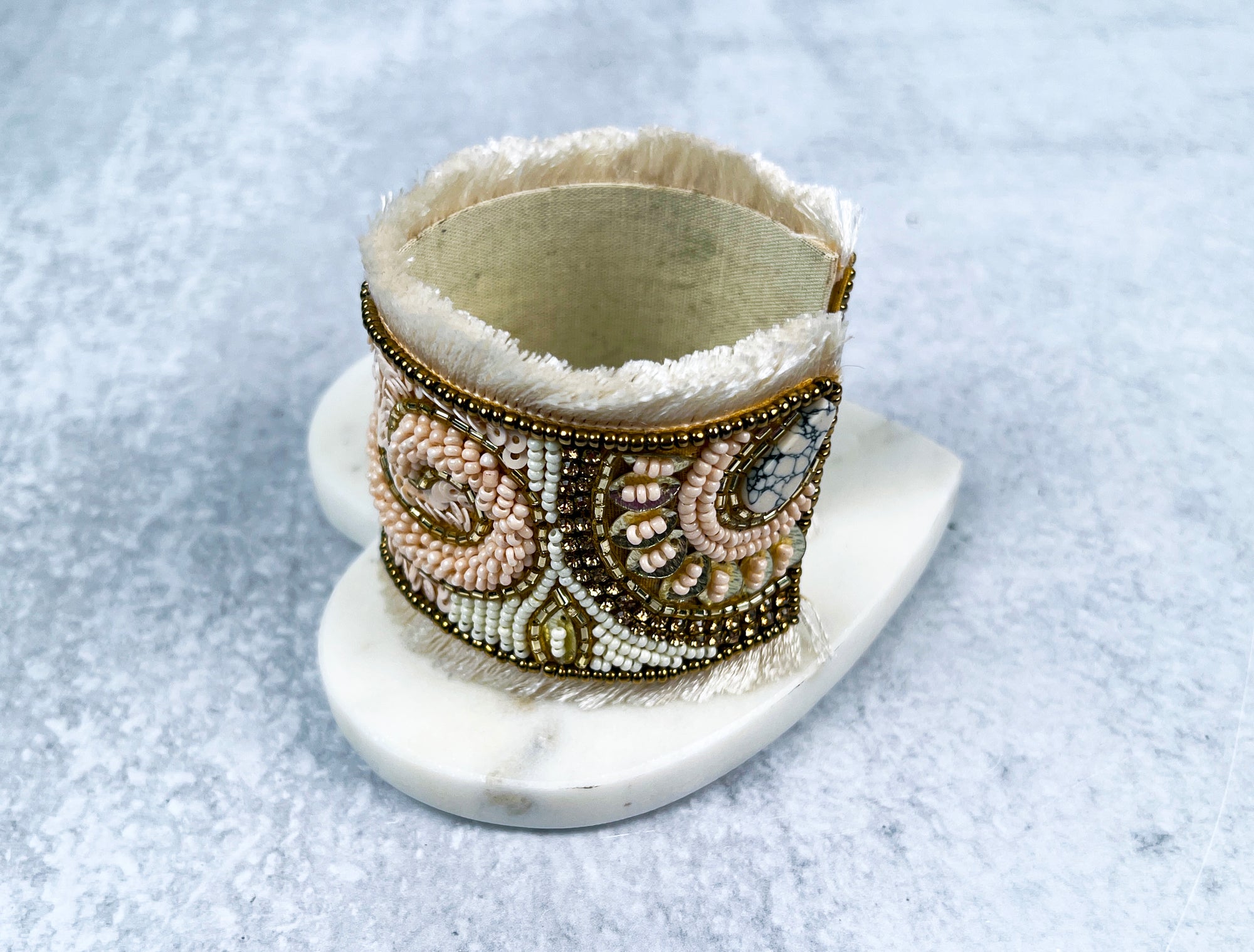 Glass Bead and Fabric Cuff Bracelet