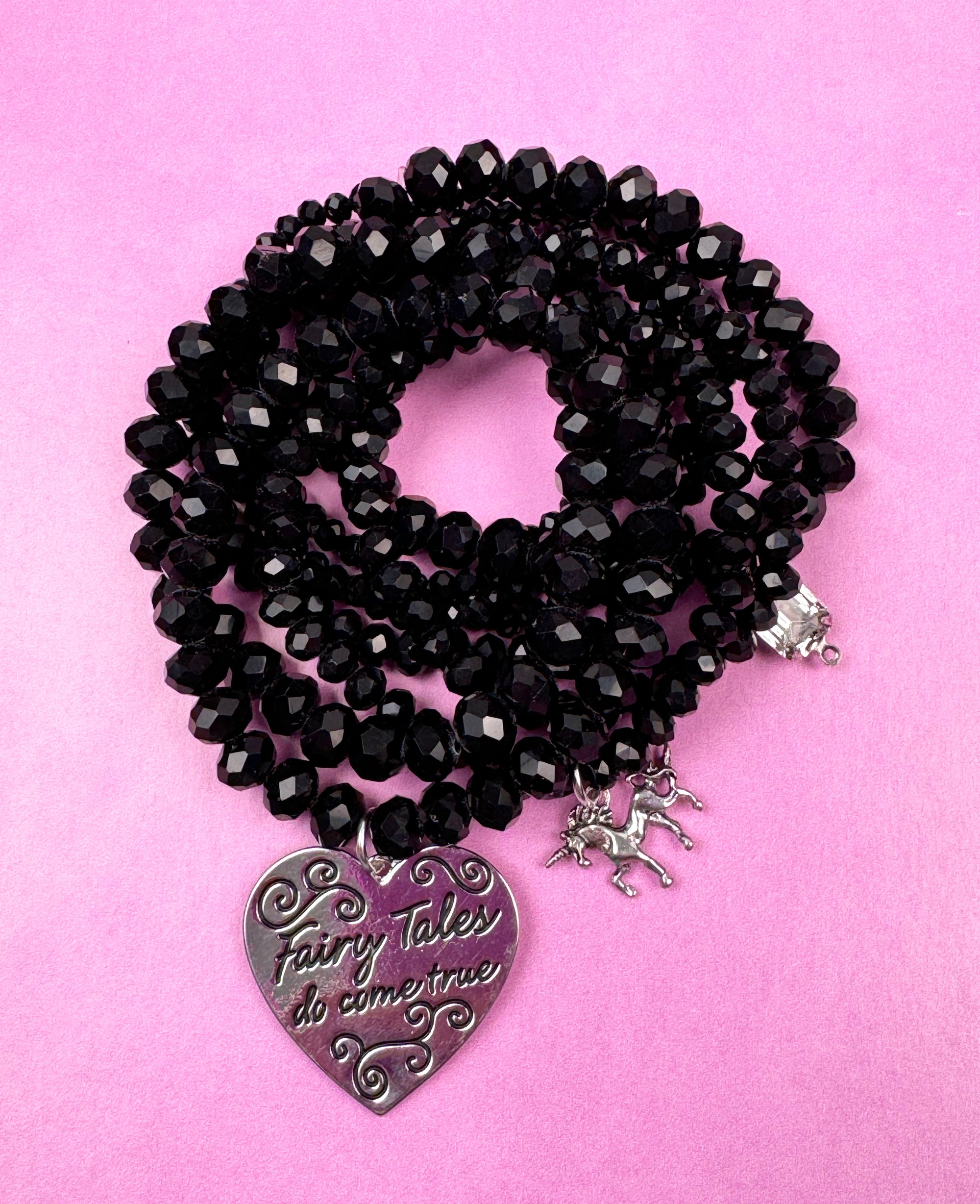 Black Crystals and Charms Fairy Tale Stretch Bracelets