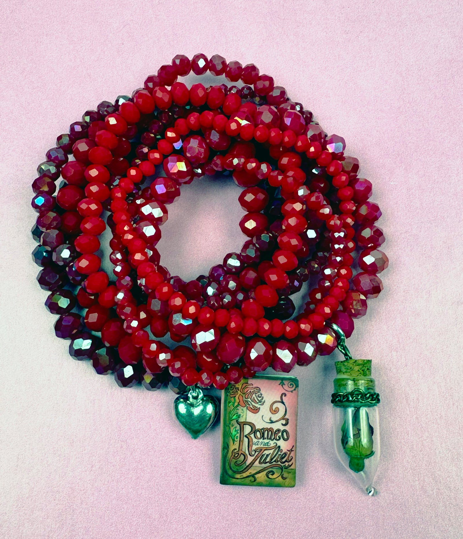 Romeo and Juliet Red Crystal and Charm Stretch Bracelets